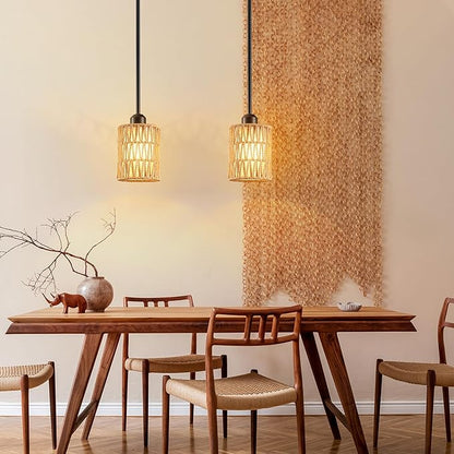 Pendant Light Boho Hanging Lamp - Rattan & Linen 2-in-1 Shade, Adjustable Hanging Lights Fixture for Kitchen Island, Dining Room, Farmhouse, Bedroom (3 Pack)