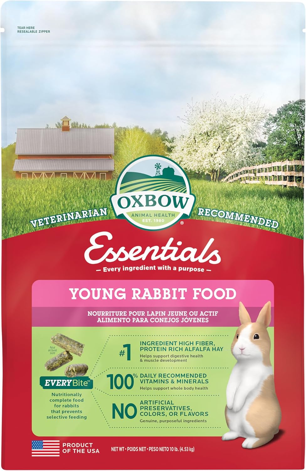 Oxbow Essentials Rabbit Food, Young Rabbit, Made with Oxbow Timothy, Pet Food Pellets for Bunnies, Small Animal Pet Products, Made in USA, High Fiber Bunny Supplies, 10 lb. bag
