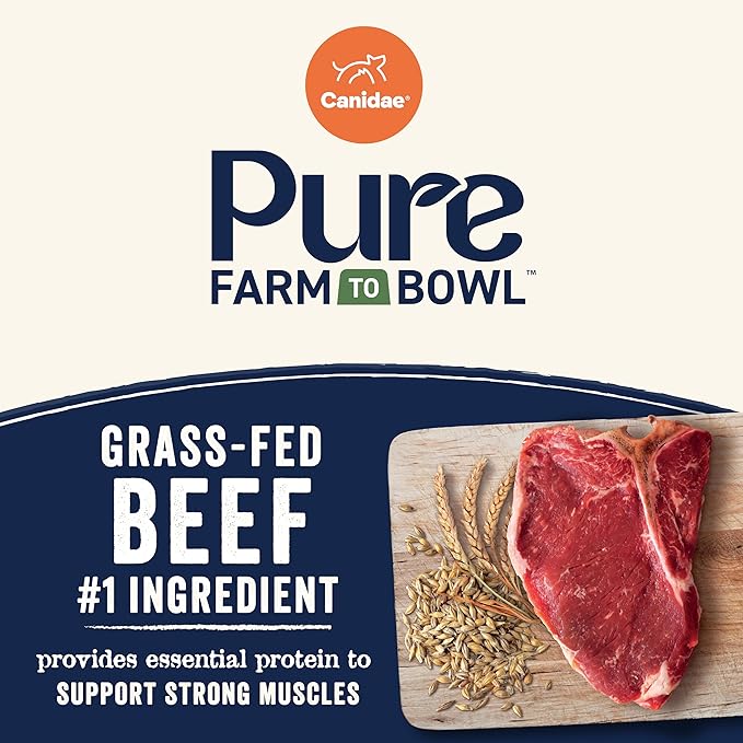 CANIDAE Pure Farm to Bowl Grass-Fed Beef & Barley Dry Dog Food, Adult, 22lb