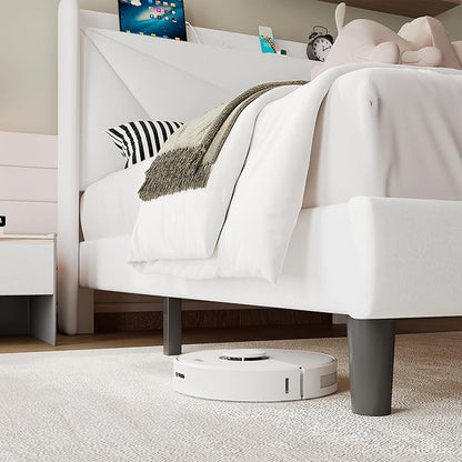 iPormis Twin Size Bed Frame with Charging Station, Velvet Platform Bed Frame with Wingback Headboard Upholstered Bedframe, Solid Wood Slats Support, No Box Spring Needed, Easy Assembly, White