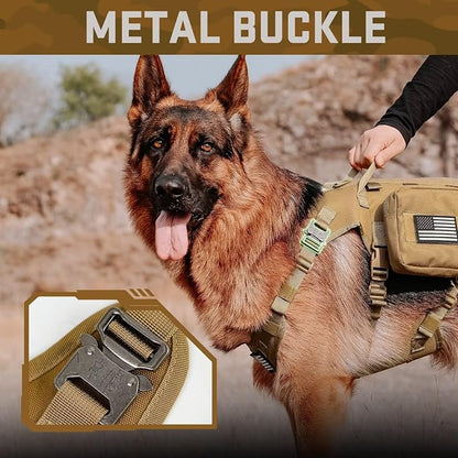 Forestpaw Tactical Dog Harness for Large Dogs,Tactical Dog Collar with Bungee Leash Set,No Pull Military Dog Harness for Walking Training,Adjustable for Medium Large Dogs,Khaki,Chest 27-40"