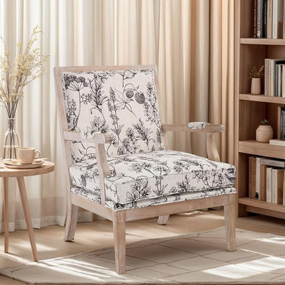 DM Furniture Floral Accent Chair Set of 2 Mid-Century Modern Living Room Chairs Upholstered Linen Lounge Armchair with Solid Wood Frame & Removable Cushion for Bedroom, Balcony, Floral Pattern