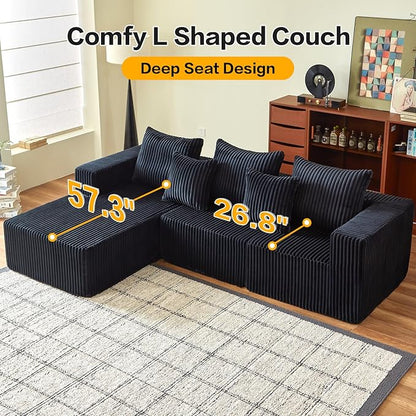 Boneless Sectional Sofa, 100.7" Cloud Sofa with Wide-Wale Corduroy, Deep Seat L Shaped Couch, All-Foam Filled Compressed Couch for Living Room (Black, Corduroy)