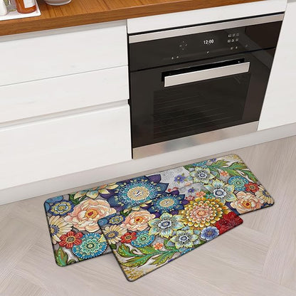 Boho Floral Kitchen Rugs Mats for Floor 2 Piece Cushioned Anti Fatigue Memory Foam Mat Non Slip Standing Desk Padded Comfort Standing Mat, 17.3x28+17.3x47 Inch - 1/2 Inch Thick