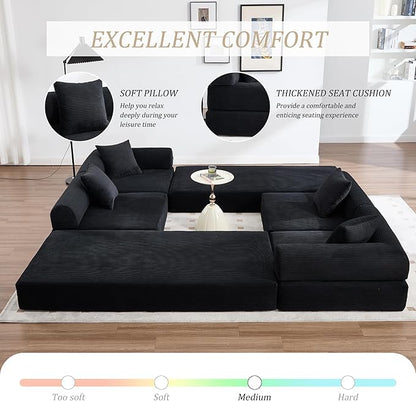 106" Oversized Convertible Sleeper Sofa Bed, Corduroy L Shape Sectional Couch, Folding Sofa Bed with Side Pocket, Modern Cloud Floor Mattress Couch, Modular Sofa for Living Room, Black