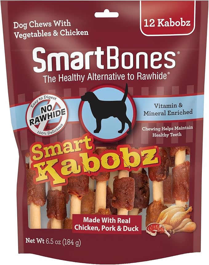 SmartBones Smart Kabobz, Treat Your Dog to a Rawhide-Free Chew Made With Real Chicken, Beef and Pork, 12 Count (Pack of 1)