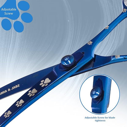 Professional Dog Grooming Scissors/Shears, Curved, with Paw Prints for Dogs, Cats & Pets (Right Handed, Blue, Stainless Steel 8 Inch)