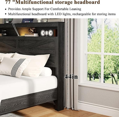 Farmhouse King Size Bed Frame with Headboard Storage Shelf, Wood Platform Bed Frame with LED Lights & Charging Station, Rustic Black Metal Bed, No Box Spring Needed, Noise-Free Sturdy Structure