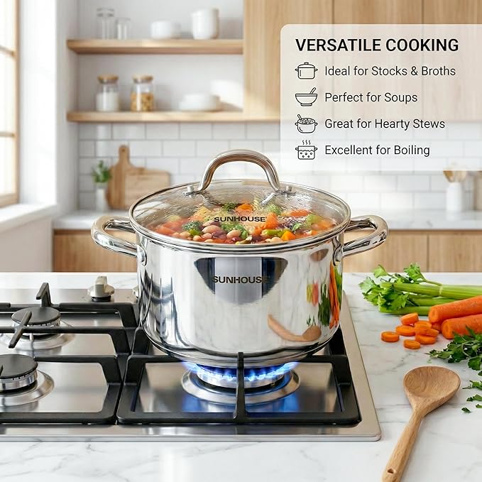 Sunhouse Professional 12-Quart Whole-Clad Multi-Ply Stainless Steel Stock Pot