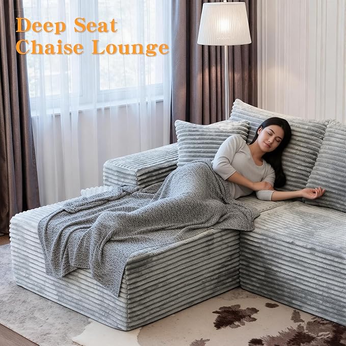 106''Boneless Couches for Living Room, L Shaped Modular Sectional Sofa with Chaise Lounge, Faux Rabbit Fur & Layered Cushion Deep Seat Cloud Couch, No Assembly (Grey, Left Facing Chaise)