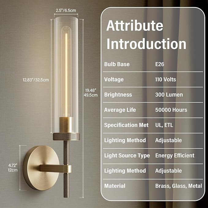 Gold sconces Wall Lighting, 19" Knurling Bathroom Vanity Light Fixtures, Brass Wall Lamp Modern Wall Lights for Mirror Living Room Hallway Staircase