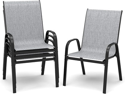 PIZZELLO Patio Chairs Set of 4 - Outdoor Stackable Dining Chairs for All Weather - Breathable Textilene Outdoor Chair Sets with Curved Armrests - 300Lbs Capacity - for Lawn Backyard Garden (Grey)