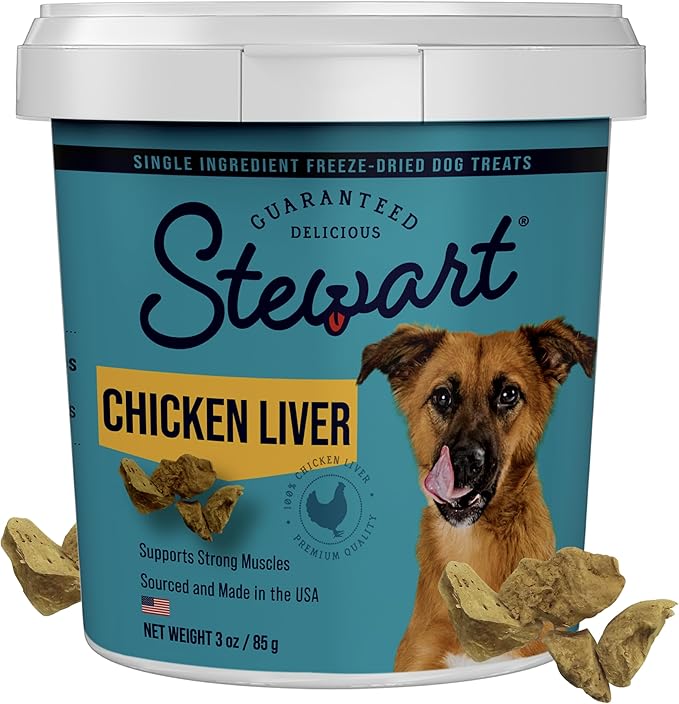 Stewart Chicken Liver Dog Treats, 3 oz, ~55 Pieces, Freeze Dried Raw, Single Ingredient, 60% Protein Training Treats or Meal Topper in a Resealable Tub, Grain Free, Gluten Free