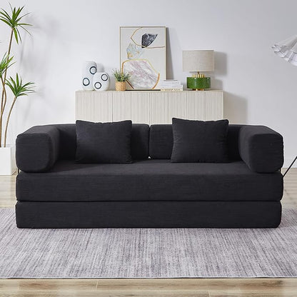 Convertible Couch Sofa Bed Foldable Floor Sleeper | All High-Density Foam | Fold Out Deep Seat Couch | King Size | Compression Sofa Sleeper for Living Room, Bedroom | Corduroy Black
