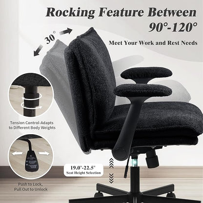 Kassipo Criss Cross Legged Office Chair with Wheels and Flip-Up Arms, Upholstered Criss Cross Desk Chair, Wide Seat Chairs for Home Office, Vanity, Apartment, Black