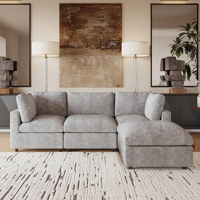 JACH L Shape Sectional Couches for Living Room, Deep Seat Convertible Modular Sofa, Cloud Sectional Couch, Sofa Covers Washable, Minimalist Modern Couch for Living Room, Apartment, Light Grey