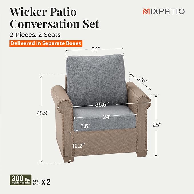 Patio Furniture Set 2 pcs, Wicker Outdoor Patio Furniture, 2 Single Chairs, Rattan Patio Conversation Set for Backyard Deck, Grey