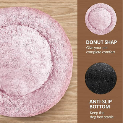 JOLLYVOGUE Calming Small Dog & Cat Bed for Indoor Cats - 20 inches Washable Donut Bed for Kittens & Puppies, Anti-Anxiety Round Fluffy Plush Pet Beds (Fits up to 15 lbs, Smoke Pink)