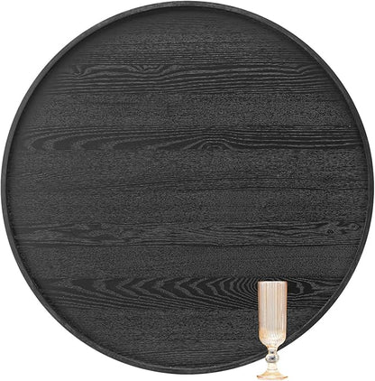 28 inch Round Solid Wood Serving Tray Extra Large Tea Coffee Snack Food Meals Serving Plate Non-Slip Kitchen Party Bar Server Ottoman Tray Breakfast Tray with Raised Edges Black