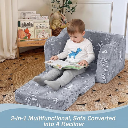 MeMoreCool Glow-in-The-Dark Toddler Sofa Bed – 2-in-1 Convertible Chair & Nap Lounger, Dog Print, Lightweight, Washable for Kids Room | Plush Foam Comfort | Portable Playroom Couch