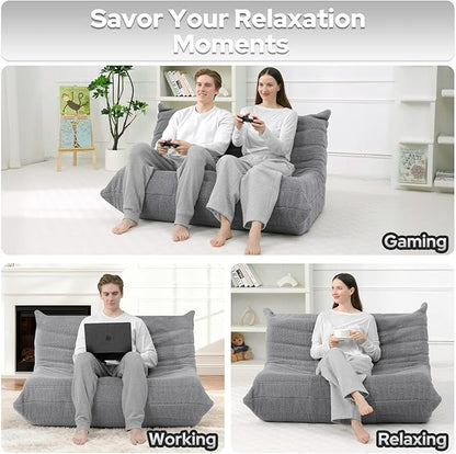 HABUTWAY Bean Bag Chairs Fireside Lazy Floor Sofa, Soft Teddy Fleece 2 Seater Sofa with High-Resilience Foam Filling，Beanbag for Living Room, Bedroom, Office (Light Gray Teddy)