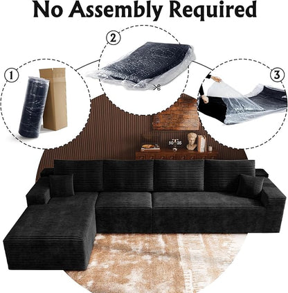 3-Piece Boneless Modular Sectional Sofa, Cloud Couch with Left Facing Chaise, Oversized Deep Seat, Soft Corduroy Fabric, Sectional Couch for Living Room-Black