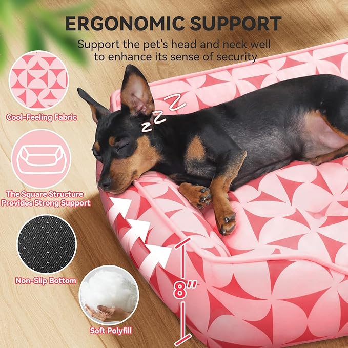 Rectangle Cat Dog Bed for Large Medium Small Pets Indoor Outdoor Machine Washable Sleeping Sofa Non-Slip Bottom Soft Puppy Bed Durable Orthopedic Calming Pet Cuddler (Medium, Pink Pattern)