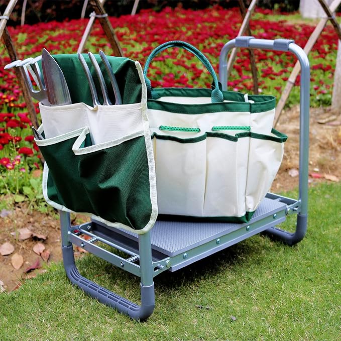 BDL Garden Kneeler Seat Foldable Durable Garden Stool with Tool Bag Pouch and Garden Gloves 330lb Capacity-Protects Your Knees, Clothes from Dirt & Grass Stains