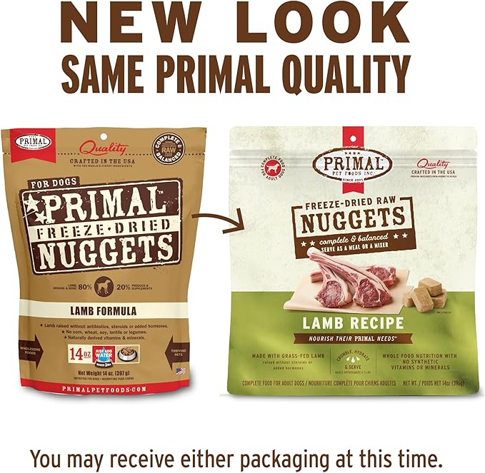 Primal Freeze Dried Raw Dog Food Nuggets, Lamb, Complete & Balanced Meal, Also Use as Topper or Treat, Premium, Healthy, Grain Free, High Protein Raw Dog Food, 14 oz (Pack of 2)