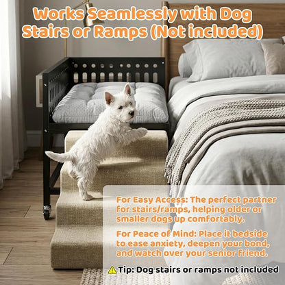 Beside Dog Bed,2 Panels Adjustable Height Dog Bunk Beds,26.8”x18.1” Metal Frame & Cushion, Converts to Bunk Bed or Bed Extension Attachment for Human Bed, for Small Dogs