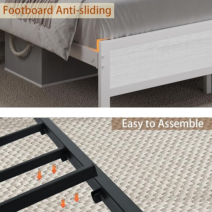 Twin Bed Frames with Charging Station and LED Lights, Metal Platform Bed Frame Twin with Upholstered Storage Headboard, Heavy Duty Metal Slats Support, No Box Spring Needed, Easy Assembly, White