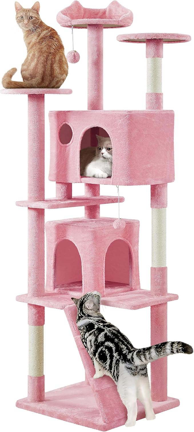 Yaheetech XL Cat Tree, 80in Multi-Level Cat Tower w/Scratching Posts, Double Condo, Perched Platforms and Dangling Balls, Pet Activity Center for Kittens Pets, Pink