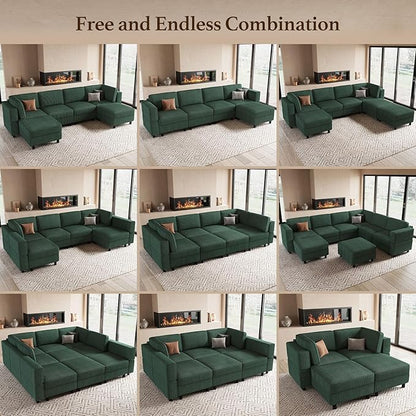 88.6" 9 Seat Modular Sectional Sofa with Deep Storage Seat,Corduroy Comfy Sectional Couch Convertible Modular Sleeper Sofa Couch with Movable Ottoman,Upholstered Couches for Living Room,Green