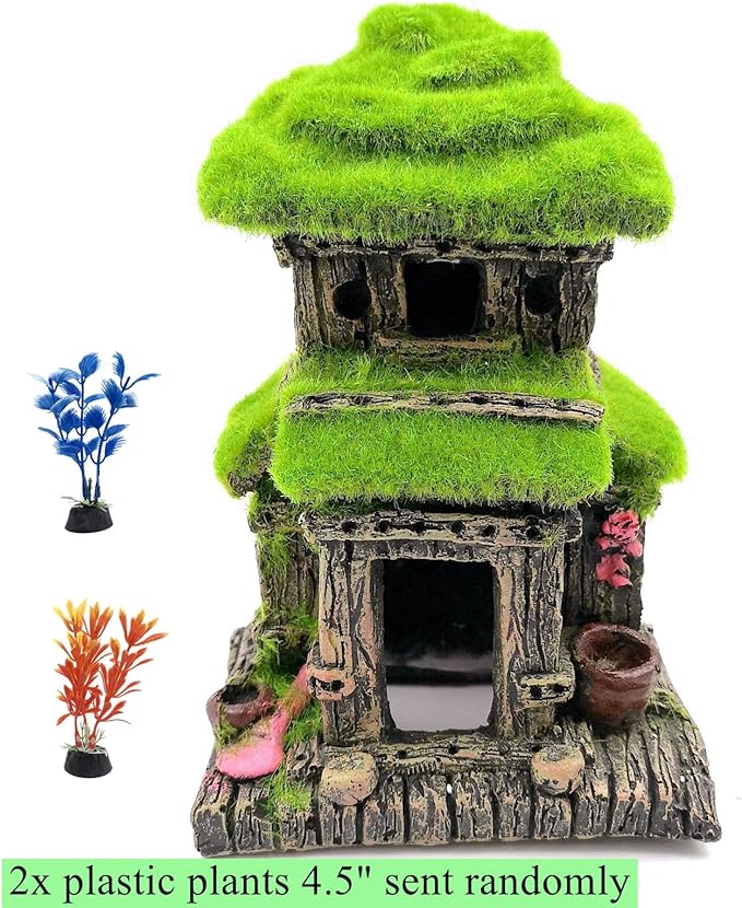 M2cbridge Aquarium Decorations Fish Hideout House Betta Cave with Green Lifelike Moss (Style 3)