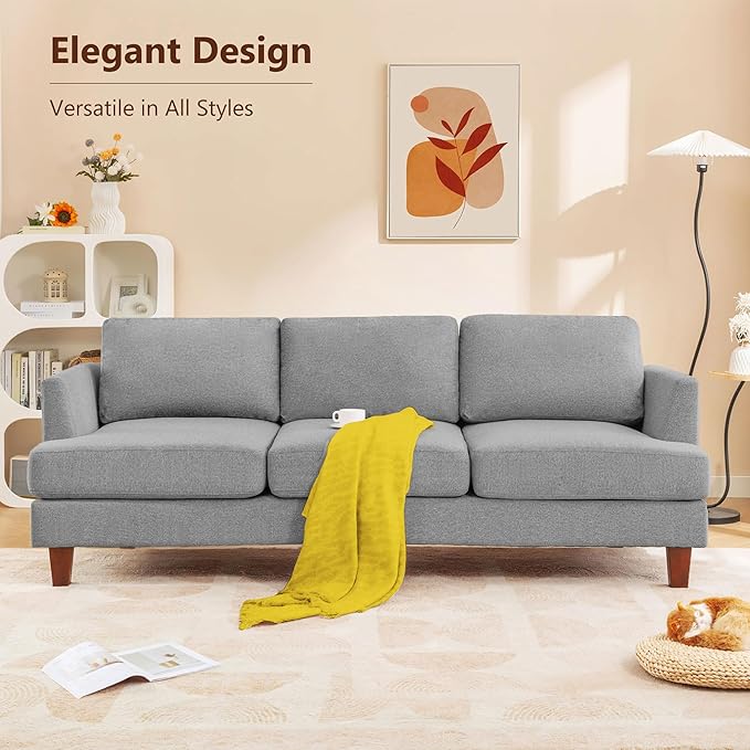 3 Seater Sofa Couch with Deep Seats, 89" Mid Century Modern Upholstered Sofa with Armrests, Comfy Couches for Living Room, Bedroom, Apartment and Office (Grey)