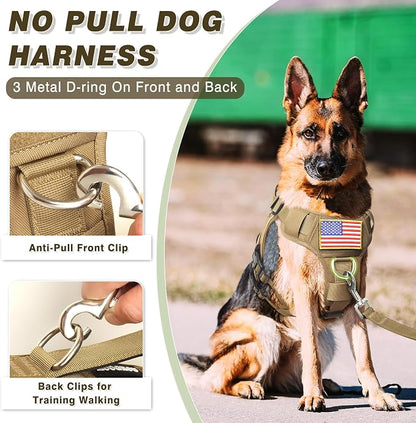 Service Dog Vest and Leash Set,Heavy Duty Tactical Dog Harness with Metal Buckles for Large Dogs,Adjustable No-Pull Dog Harness with 10 Patches,for Training Working,Brown XL