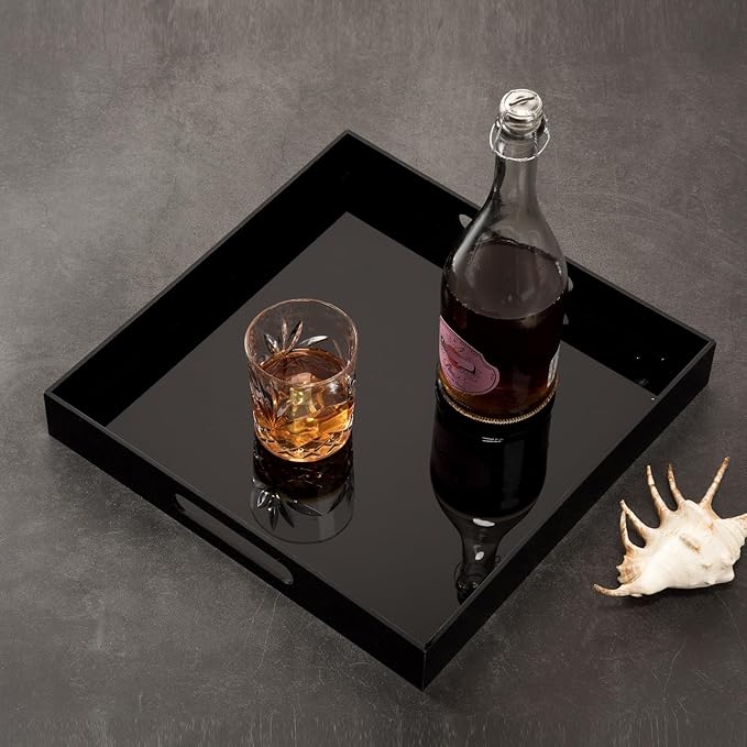 Glossy Black Acrylic Serving Tray - 14x14Inch, Multipurpose, Sturdy, Modern Style, Spill Proof, Countertop Organizer, Vanity Table Tray