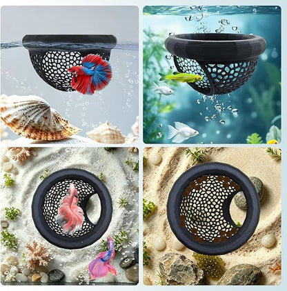 Floating Betta Hide Shrimp Cave, Multi Functional Betta Fish Hammock and Feeding Rings, Provide Safe Resting Places for Bettas, Shrimp and Small Fish, PLA Material (Black)