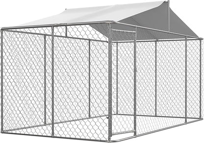Outdoor Dog Enclosure,Heavy Duty Dog Kennel House Mesh Outside,Galvanized Chain Link Dog Run with Roof,Dog Cage Large Dogs,Dog Pen,Pet Kennel W/Waterproof Anti-UV Cover&Secure Lock for Large Dog