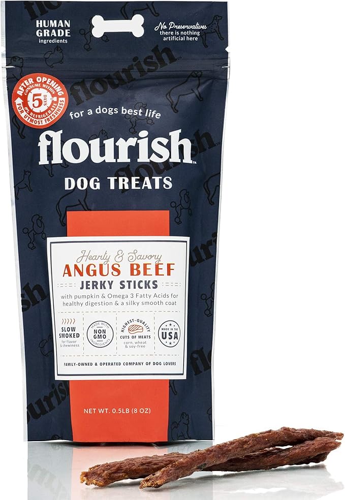 Flourish Pets Angus Beef Jerky Sticks, Dog Treats, Healthy Training Chews (8 Ounces)