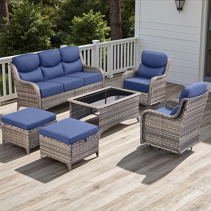 Rilyson Wicker Outdoor Patio Furniture Set - 6 Piece Patio Conversation Sets with Swivel Rocker Chairs, Ottomans, Sofa and Coffee Table, 6 inch Cushions, Deep Seating, for Porch Deck Mixed Grey/Blue