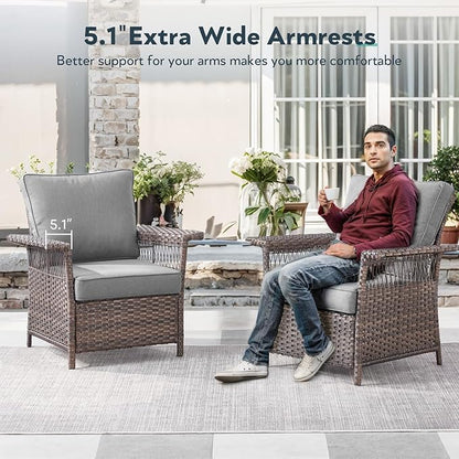 5 Pieces Wicker Patio Furniture Set - Hollow Widen Armrests Outdoor Rattan Chairs, 3 Seat Sofa with Coffee Table & Side Table, Small Patio Convention Set for Deck and Backyard - Brown/Gray