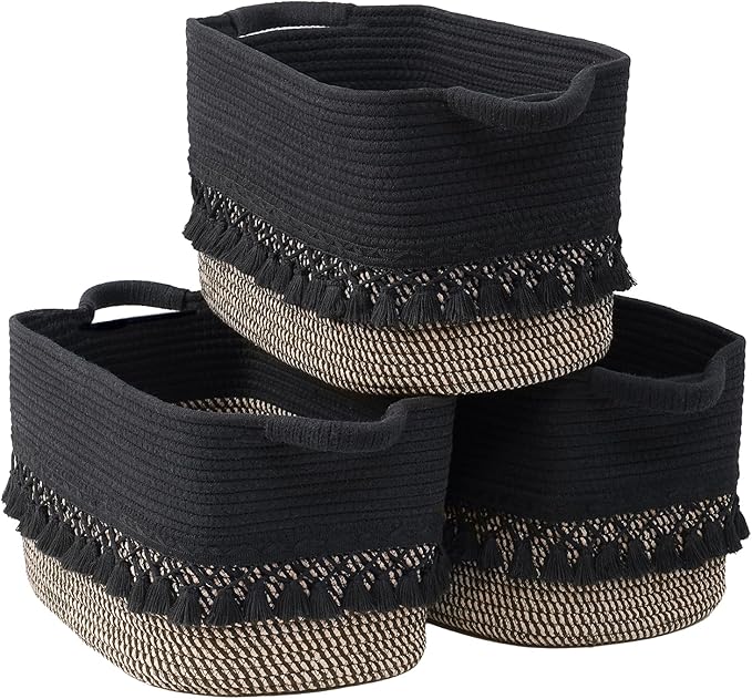 3 Pack Storage Basket for Shelves, Boho Cotton Rope Storage Bins with Heavy Tassel, Shelf Baskets Large Woven Baskets for Organizing, Cube Organizer Bins, Baby Laundry Basket for Clothes, Toys, Pets