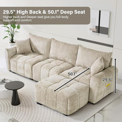 110" L Shaped Modern Boucle Sofa Modular Sectional Cloud Couch with Ottoman, Tufted 4-Seat Deep Seat Sofa with Pillows for Living Room, Bedroom and Apartment, Light Brown