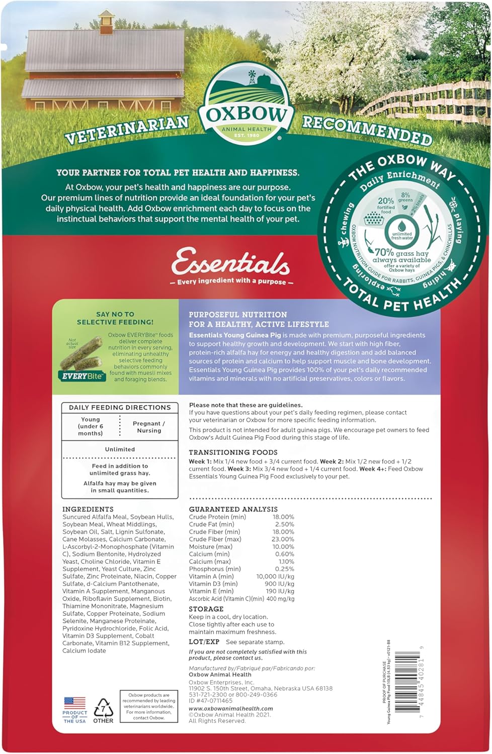 Oxbow Essentials Guinea Pig Food, Young, Made Alfalfa Hay for Guinea Pig, Pet Food Pellets with Vitamin C, Small Animal Pet Products, Made in USA, High Fiber, 10 lb. Bag