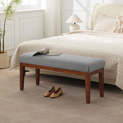 WUTUTUEE 43.5'' Linen Bedroom Bench, Upholstered End of Bed Bench, Padded Vintage Dining Bench, Entryway Bench with Solid Wood Legs, Kitchen, Living Room, Hallway, Light Grey