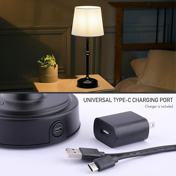 O’Bright Seraph - Cordless LED Table Lamp with Dimmer, Built-in Rechargeable Battery, 3-Level Brightness, Patio Table Lamp, Bedside Night Lamp, Ambient Light for Restaurant, Black