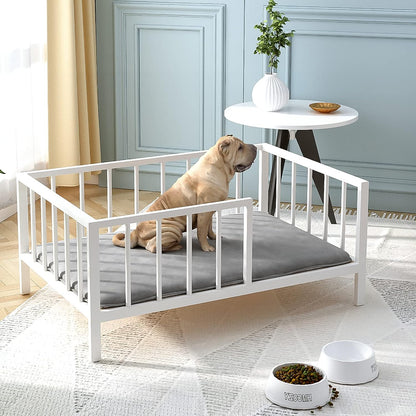 Dog Bed with Rails - Elevated Pet Metal Bed Frame with Solid Wood Board and Washable Soft Mat for Medium Dog Indoor or Outdoor Use, 25.2" x 37.8", White