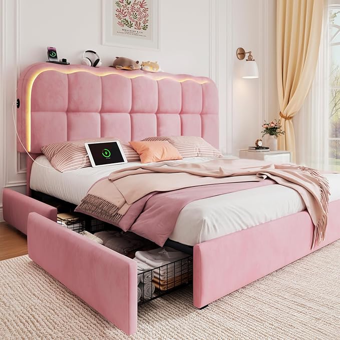 Queen Size Bed Frame with 4 Storage Drawers and LED, Adjustable Clouds Headborad, Velvet Upholstered Platform Queen Bed Frame with Charing Station, Wood Slats Support, No Box Spring Needed,Pink
