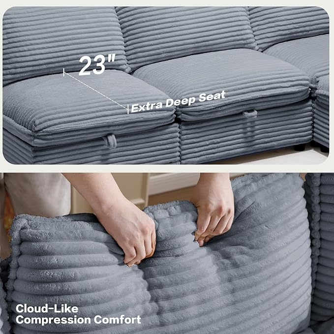 FIRLZY 92" Modular Sectional 4 Seater Sofa with Removable Covers and Storage, Convertible L-Shaped and Sleeper Sectional, Modern Corduroy Couches with Ottoman Chaise for Living Room, Apartment, Gray